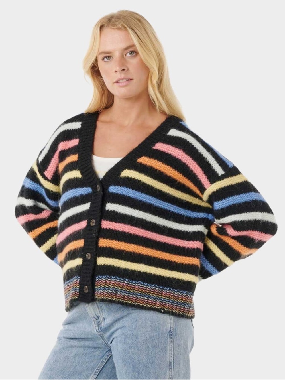 Rip Curl Pacific Rider Womanβs Chunky Black Multi-Stripe Cardigan Sweater NWT XS